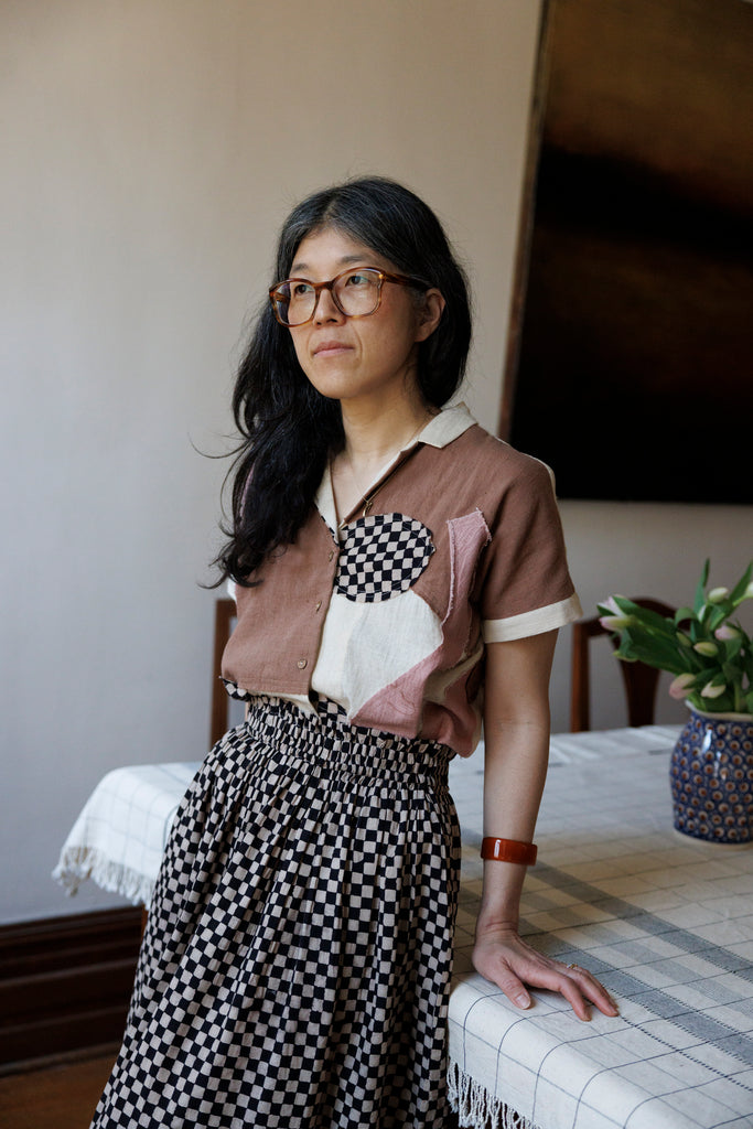 Checkered block printed, black and white skirt, ankle length, this skirt is made in collaboration between Erica Kim and World of Crow, smocked elasticated waist, sustainably made