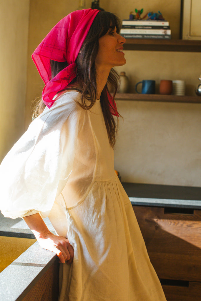 Romantic dress, day at a beach waering world of crow, Erica Kim in collaboration with World of Crow, White color dress, sustainable clothing