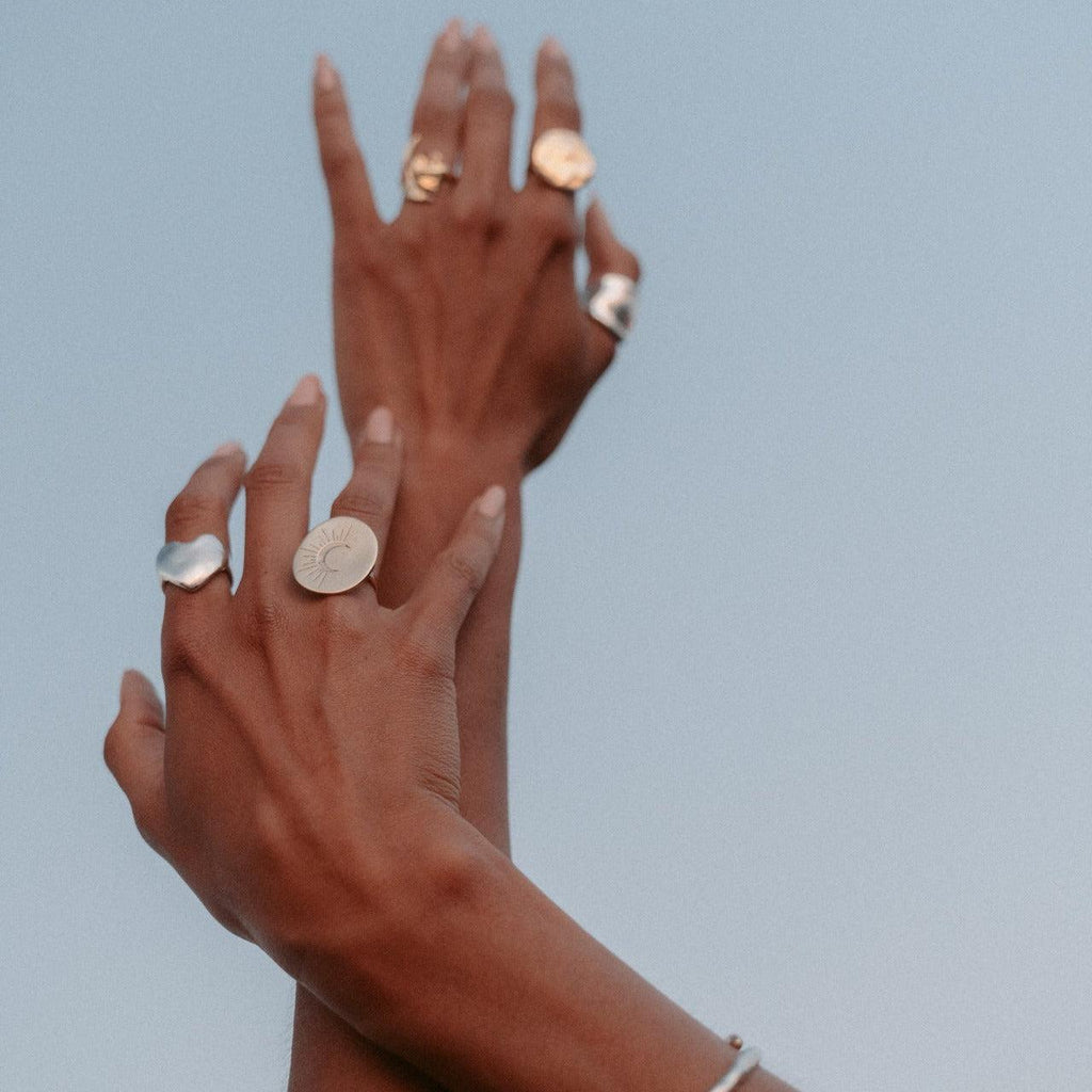 Introducing the Nocturne Sterling Silver Crescent Moon Ring, a symbol of regeneration and rebirth, meticulously handcrafted in Los Angeles. This elegant and timeless piece captures the essence of celestial beauty with its recycled sterling silver design. A graceful reminder to stay connected with your true self, this ring is a perfect blend of sophistication and meaning.