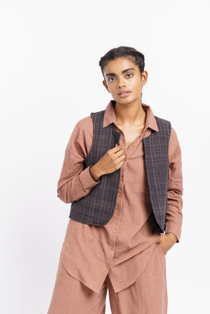 Charcoal organic cotton waistcoat, non fast fashion brands us, sustainable fashion labels, organic fabric company, organic fair trade clothing, clothes made of cotton, clothes made out of cotton, 100 organic cotton women's clothing, 100 percent cotton women's clothing, minimalist closet ideas, minimalist clothing brands for women's