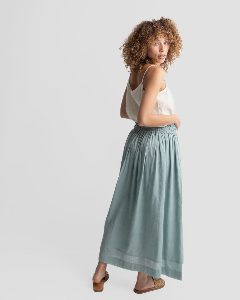 Dusty blue gathered skirt, ethical sustainable clothing brands, fashion brands that are sustainable, organic cotton clothing, organic women's clothing, cotton clothes online, cotton clothing for women, women's cotton clothing store, organic cotton women's clothing, black minimalist clothing, minimalist clothing designers