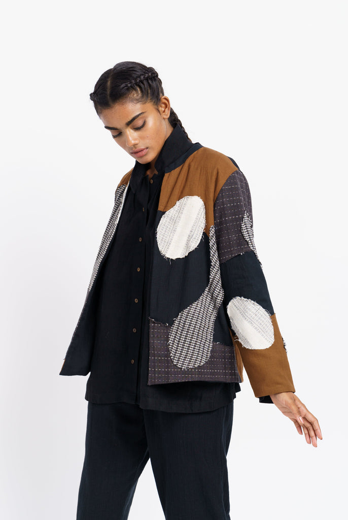 Earthy fall boro-boro relaxed fit jacket, which clothing companies are ethical, women's ethical clothing, organic long sleeve jackets, organic shirt store, gots certified clothing, green cotton women's clothing, 100 cotton women's, women's organic clothing, minimalist fall wardrobe, minimalist fashion brands women's