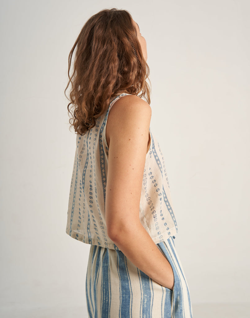 Sleeveless Hand Woven Indigo Blossom Button-Up Summer Cotton Top for Women At World of Crow