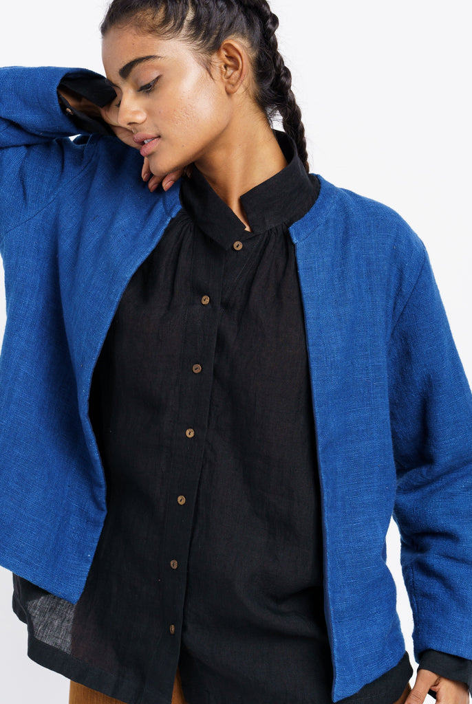 Indigo Casual Jacket, ethical women's fashion, ethically conscious brands, organic cotton chinos, organic cotton clothing Toronto, organic sustainable clothing, the cotton company clothing, all cotton women's clothing, cotton clothing for women, minimal outfits, minimal store