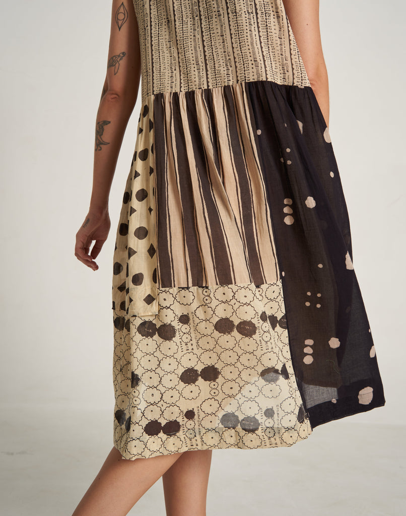 Hand Woven Cotton Black & Off White Patchwork Summer Dress At World of Crow