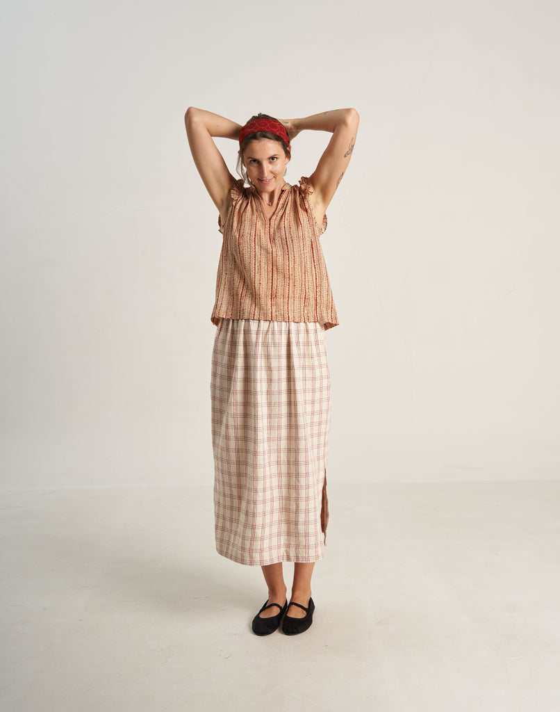 Front Side of Ruby Checkered Organic Skirt for Women At World of Crow