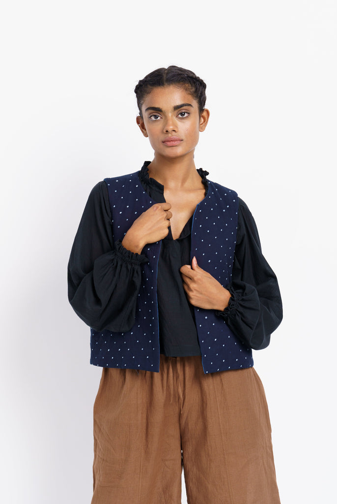 Tie-dye Indigo cotton waist-coat, ethical clothing companies, ethical eco friendly clothing, organic clothing Los Angeles, natural clothing stores near me, organic clothing catalog, the range women's clothing, women dress accessories, female minimalist wardrobe, how to have a minimalist wardrobe