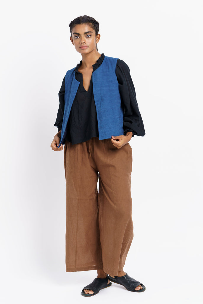 Tie-dye Indigo cotton waist-coat, ethical clothing companies, ethical eco friendly clothing, organic clothing Los Angeles, natural clothing stores near me, organic clothing catalog, the range women's clothing, women dress accessories, female minimalist wardrobe, how to have a minimalist wardrobe